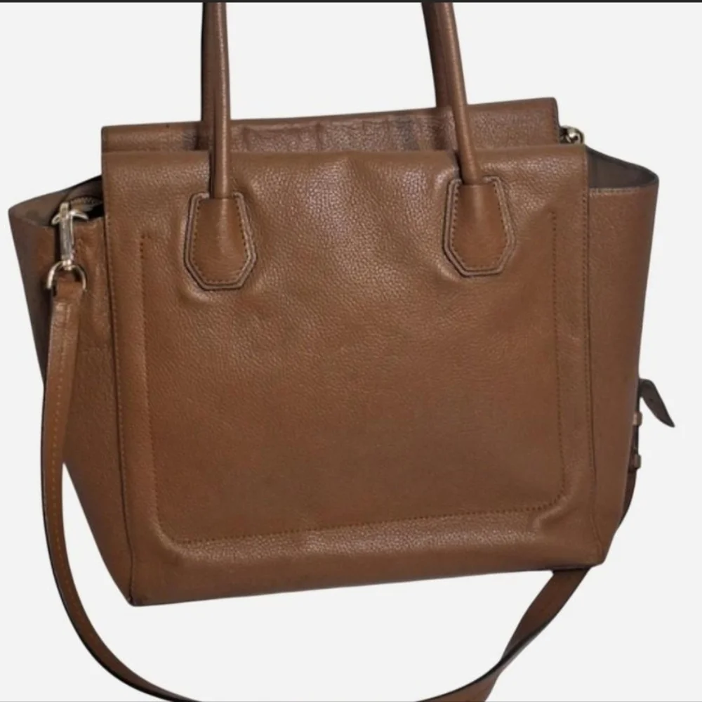 Michael Kors Mercer Brown Pebble Leather Tote Bag With Charm Large Crossbody GUC
